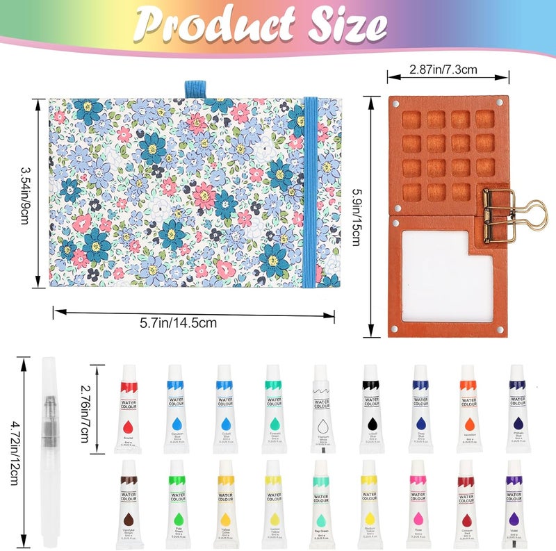 BLSFXROE Travel Watercolor Set，Mini Paint Palette Travel kit，Mini Water Color Paint Set，Wooden 15 Grid Paint Box,24 Colors Small Watercolor Sketchbook for Artists Painters Students(Blue) - Image 2